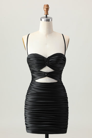 Black Spaghetti Straps Ruched Tight Cut-Out Mini Homecoming Dress